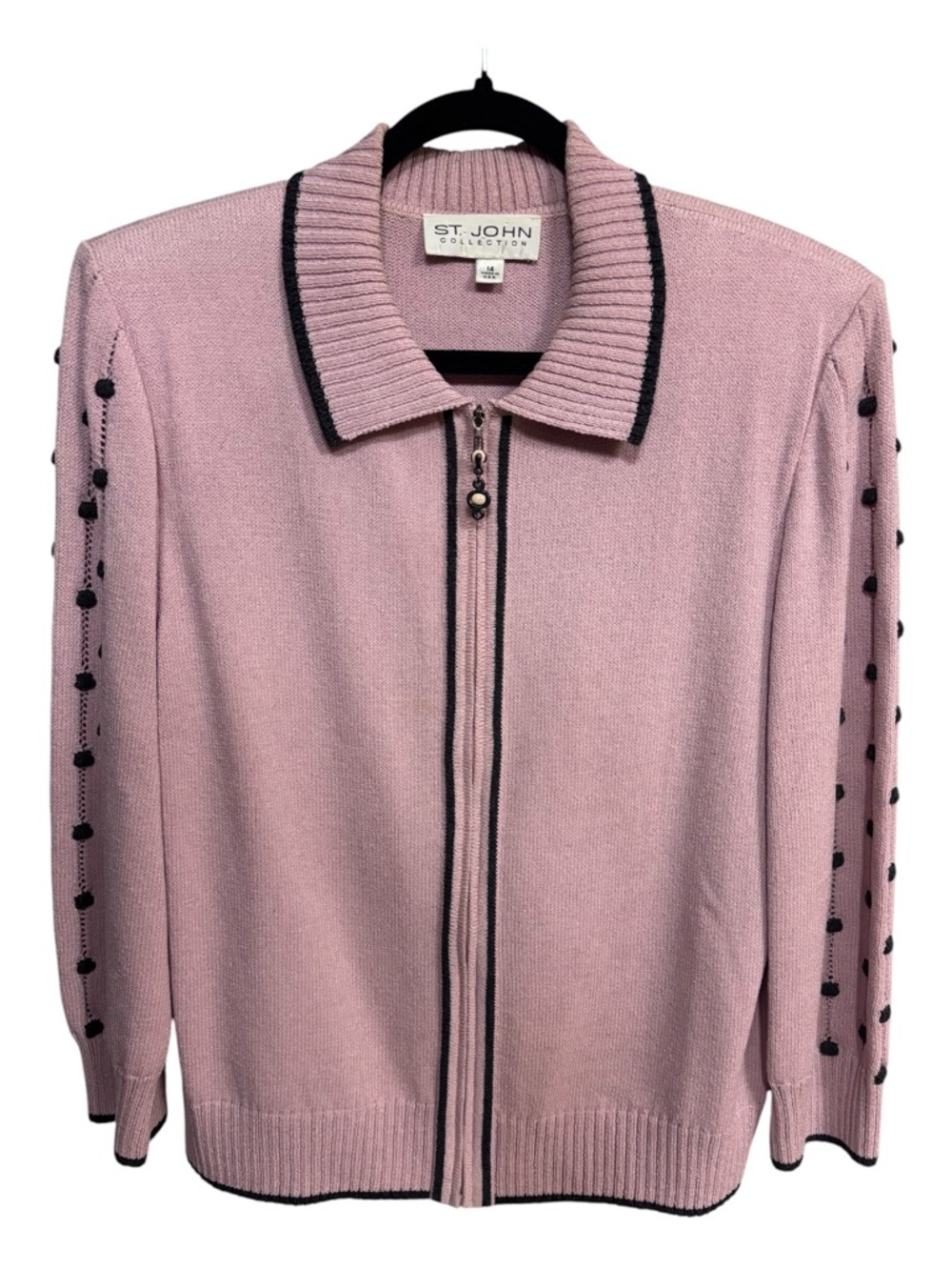 NWOT St. John Collection Pink Zip-Up Knit Cardigan with Gray Trim Sz 14 (12)